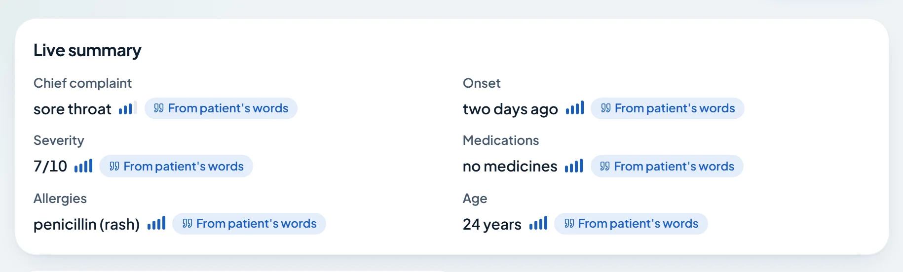 Consult assistant live summary, each field marked as coming from the patient's words