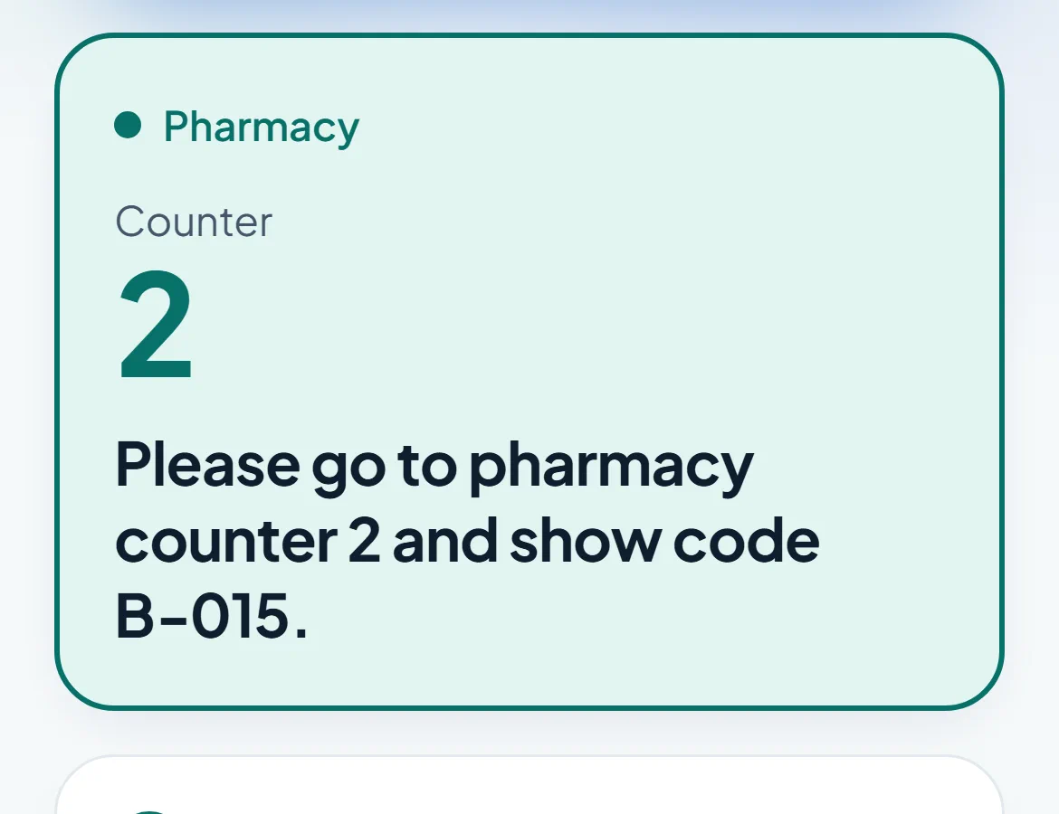 Patient app showing pharmacy counter 2 and the visit timeline