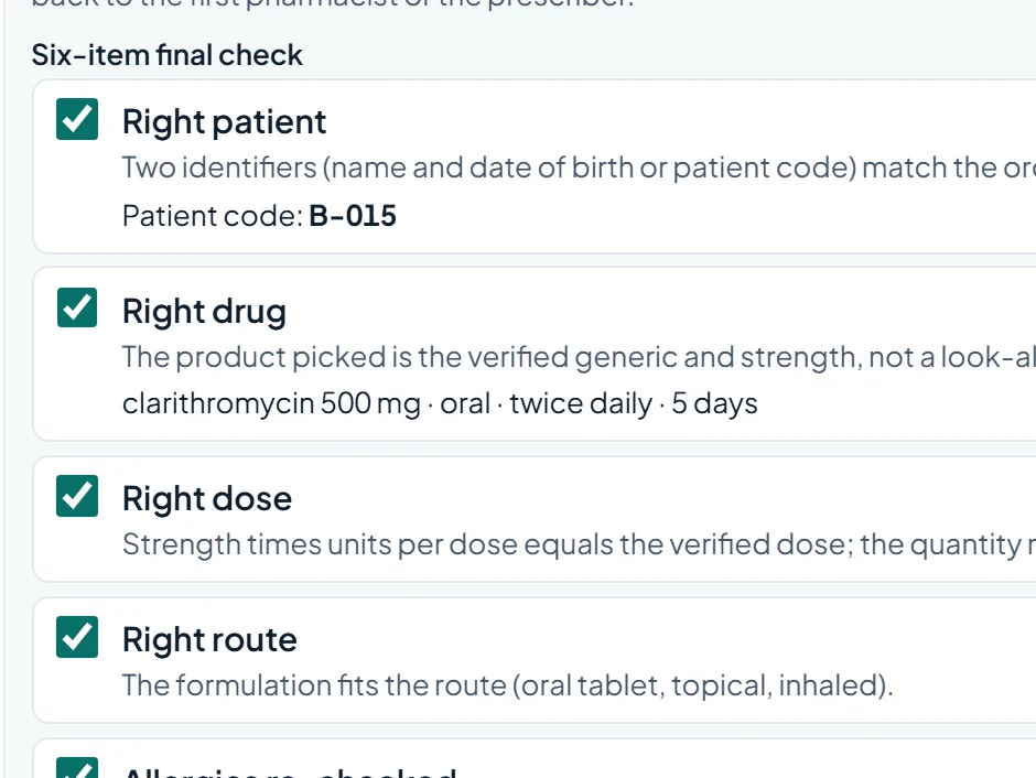 The second pharmacist's six-item final check before dispensing