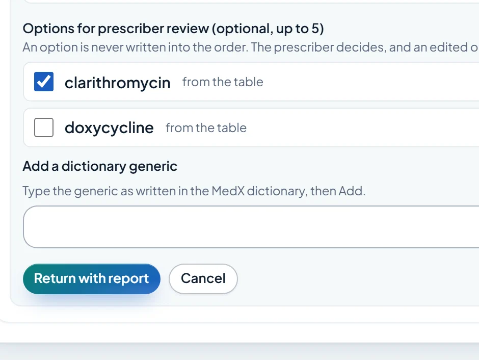 Return to prescriber form with options for prescriber review